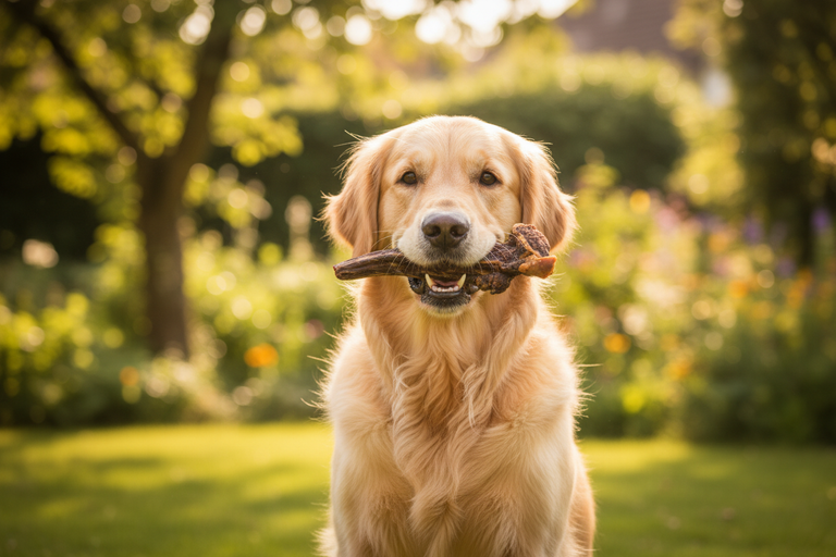 Golden Retriever kaut Kallisbest Pferdeschweif