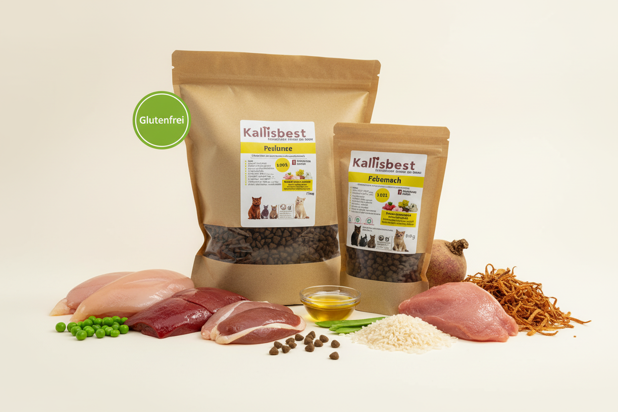 Fleischmenü kleine Kroketten Katzen & Kitten – Verpackung mit Zutaten und Glutenfrei-Badge