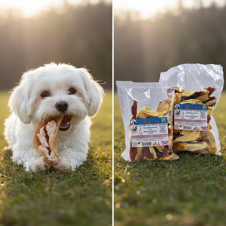 Kaninchenohren mit Hühnchenfleisch – kleiner Hund kaut begeistert | Kallisbest
