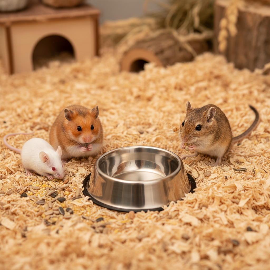 Hamster, Mäuse und Rennmäuse fressen rund um Edelstahlnapf