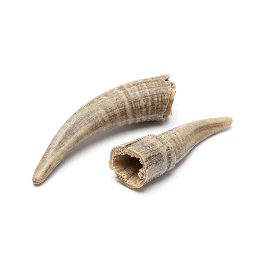 Ziegenhorn für Hunde – ganz und aufgeschnitten, hohl sichtbar. Farbe & Größe können als Naturprodukt abweichen.