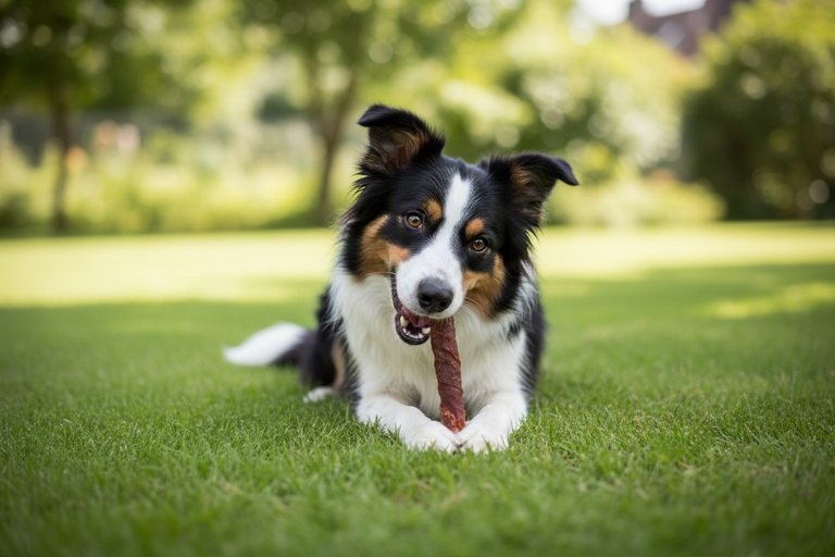 Border Collie kaut Kaustange im Entenfleischmantel ca. 12 cm