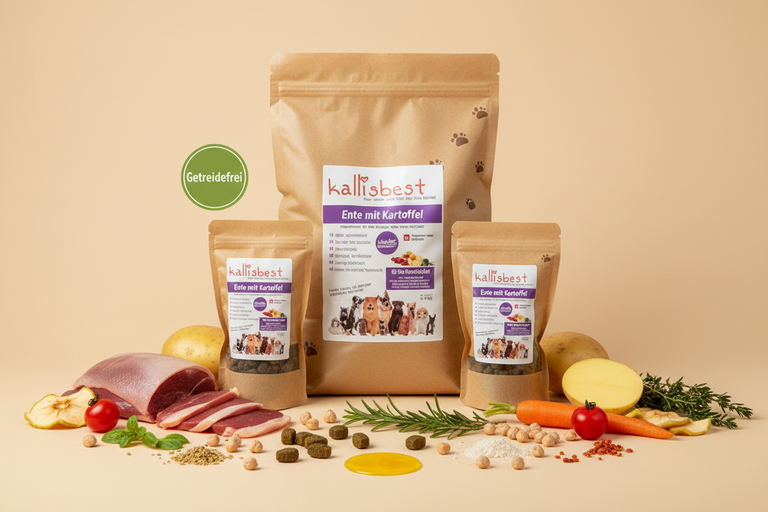 Ente mit Kartoffel große Kroketten – Verpackung mit Zutaten und Getreidefrei-Badge