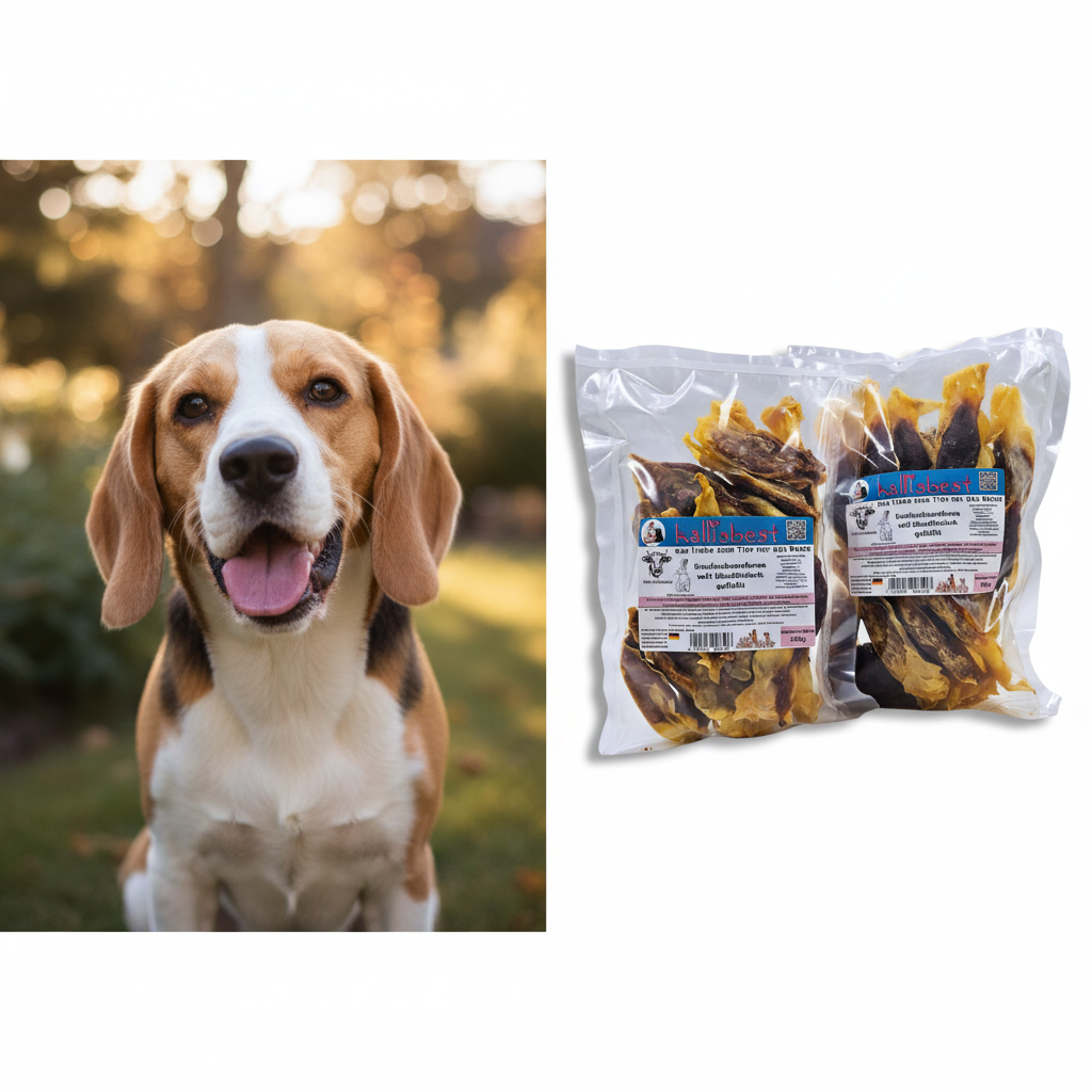 Kaninchenohren mit Rindfleisch – mittlerer Hund kaut begeistert | Kallisbest