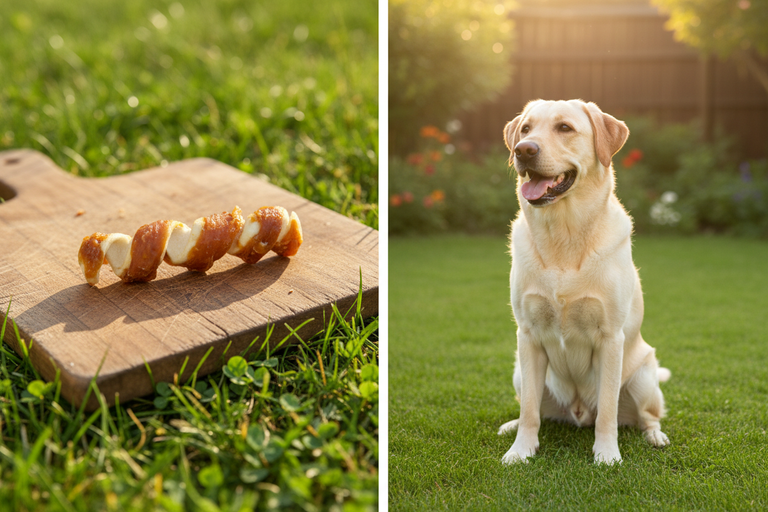 Kallisbest Spirale im Hühnchenfleischmantel auf Holzbrett auf Wiese mit Labrador
