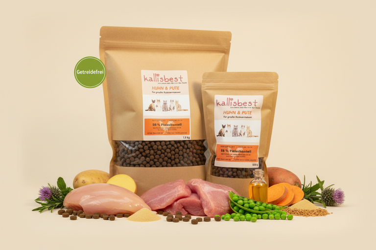 Huhn & Pute Katzenfutter große Rassen – Verpackung mit Zutaten und Getreidefrei-Badge links