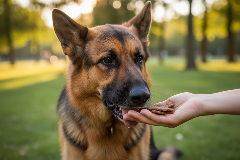 Schäferhund bekommt Kallisbest Kaninchen Filetstreifen
