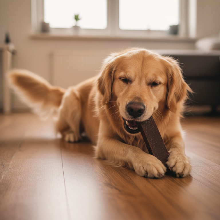 Golden Retriever frisst Himalaya Yak Kaukäse mit Blaubeeren