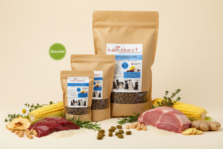 Schwein mit Vollkornmais & Reis große Kroketten – Verpackung mit Zutaten und Glutenfrei-Badge