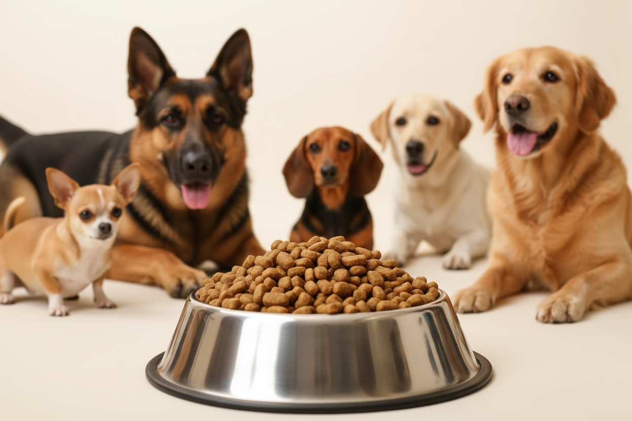 Rind mit Reis – Napf mit großen Kroketten, viele Hunderassen gierig