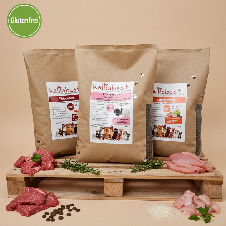 Abwechslung Paket Nr.9 – Fleischmenü, Hühnchenmenü & Vet Spezial je 3kg – Kallisbest