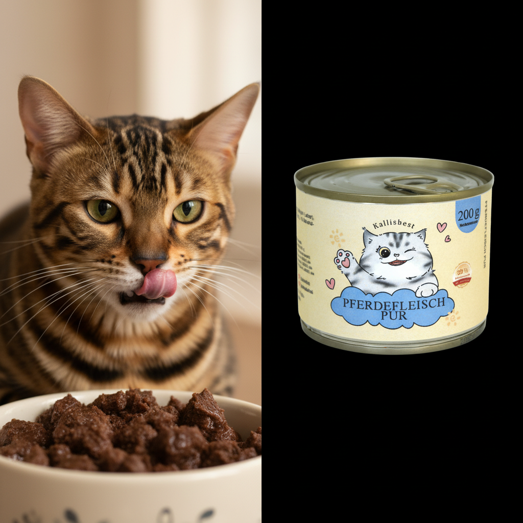 Pferdefleisch pur Nassfutter Katze – Katze leckt sich die Lippen | Kallisbest
