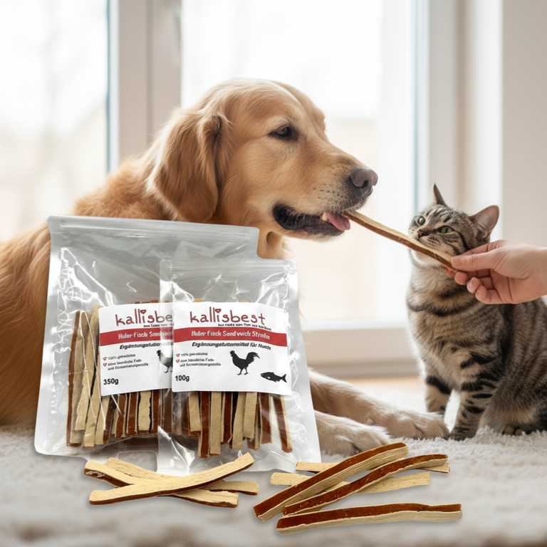 Huhn-Fisch Sandwich Streifen – Golden Retriever und Katze werden gefüttert