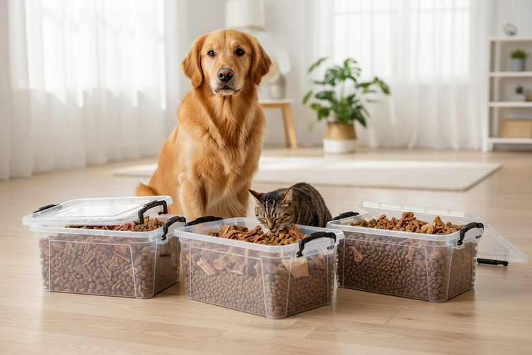 Golden Retriever und Katze mit SOFIA Aufbewahrungsboxen gefüllt mit natürlichem Trockenfutter