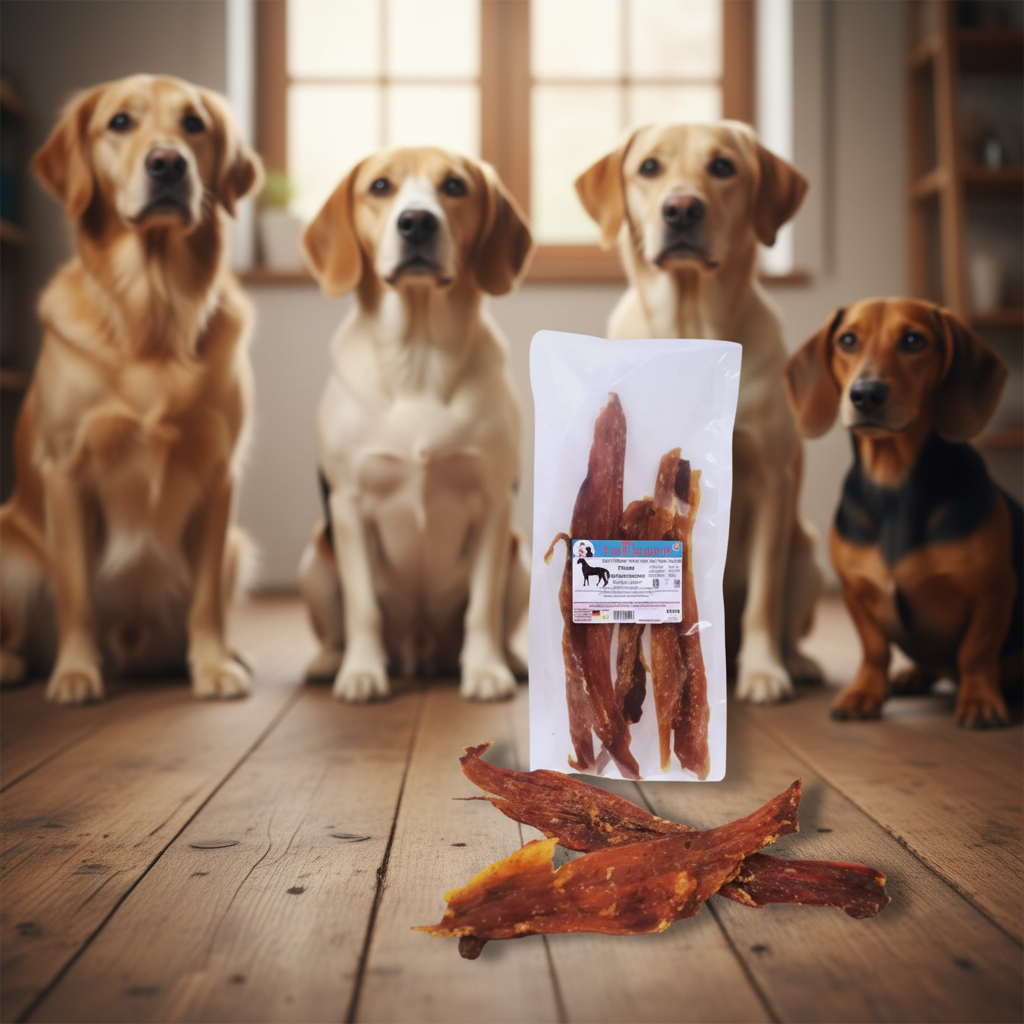 Pferdenackensehnen Produkt & Verpackung mit Hunden