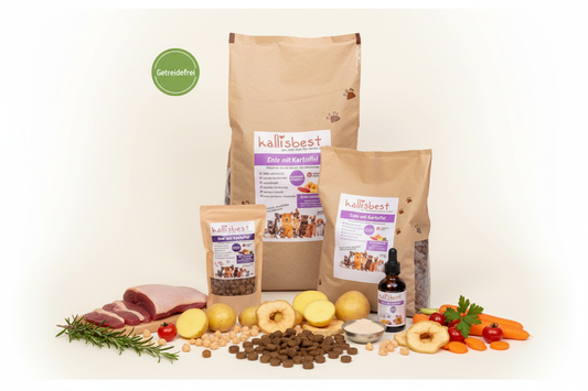 Ente mit Kartoffel mittlere Kroketten – Verpackung mit Zutaten und Getreidefrei-Badge