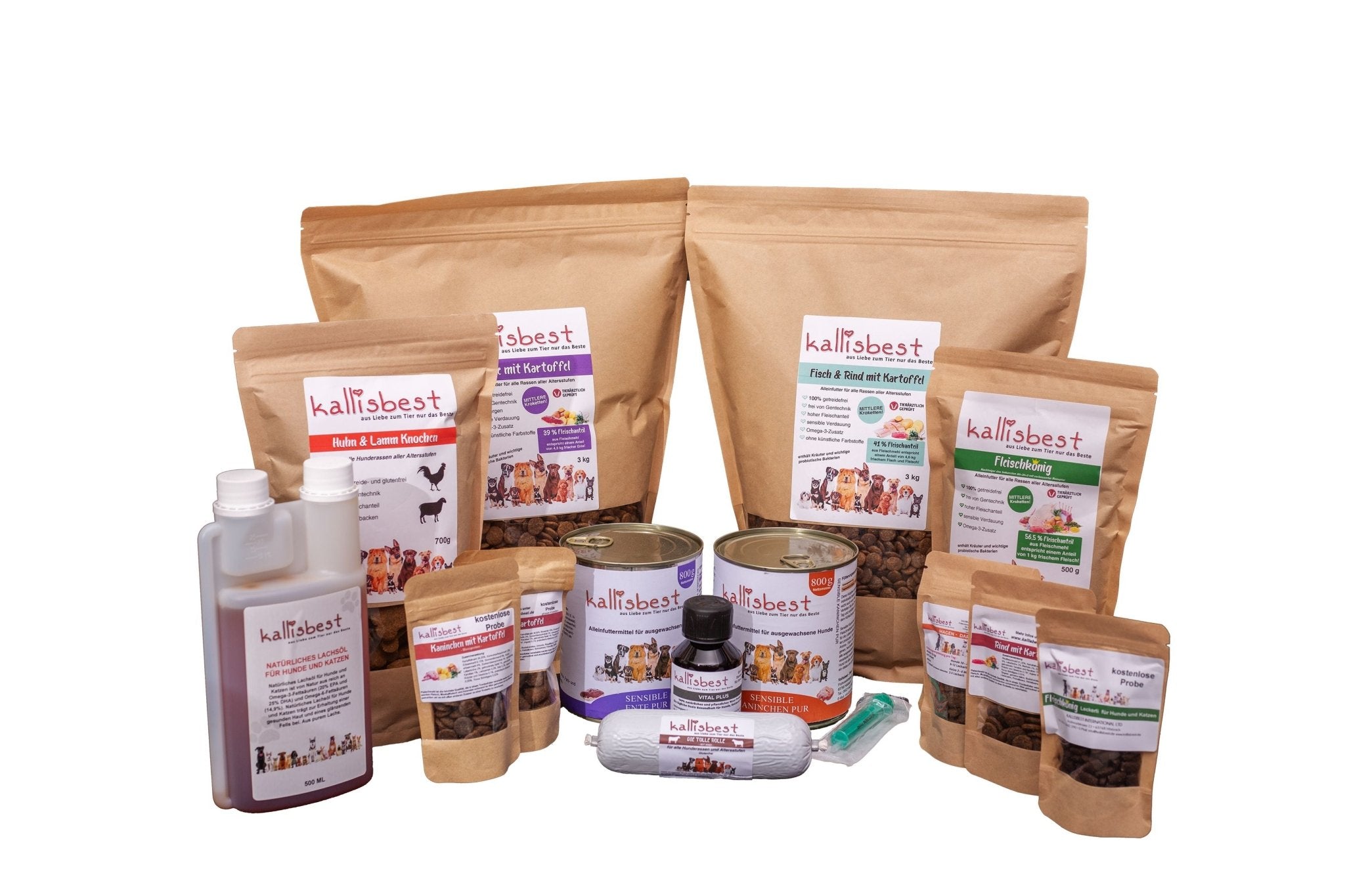 Probierpaket Getreidefrei für den Hund 2 x 3 kg Beutel 2 x 800g Dosen + Gratis Beutel 500g, 700g Beutel Huhn & Lamm Knochen & Probe Vital Plus + 1 Tolle Rolle 200g - Kallisbest