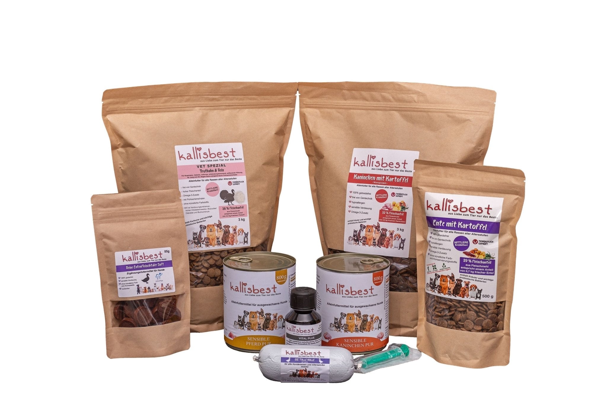 Probierpaket Glutenfrei für den Hund 2 x 3 kg , 2 x 800g Dosen + Gratis Beutel & Probe Vital Plus + 200g Tolle Rolle - Kallisbest