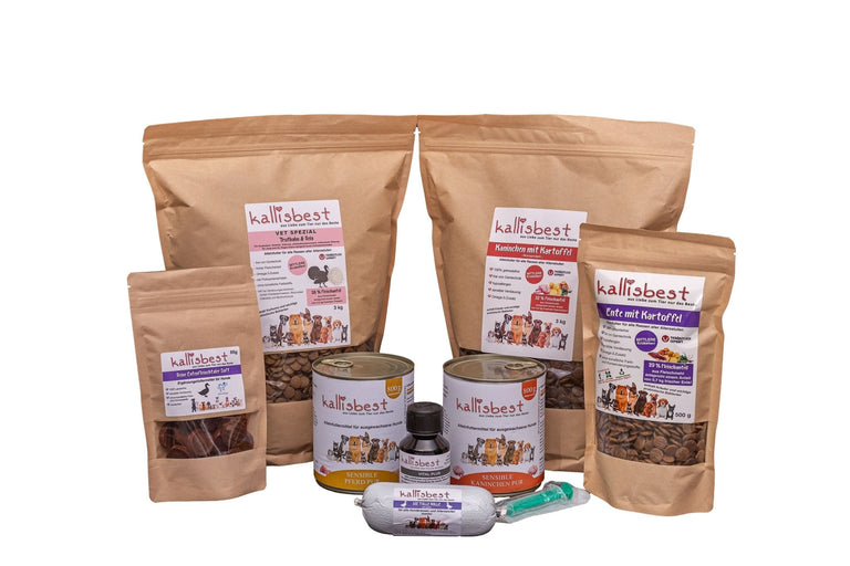Probierpaket Glutenfrei für den Hund 2 x 3 kg , 2 x 800g Dosen + Gratis Beutel & Probe Vital Plus + 200g Tolle Rolle - Kallisbest