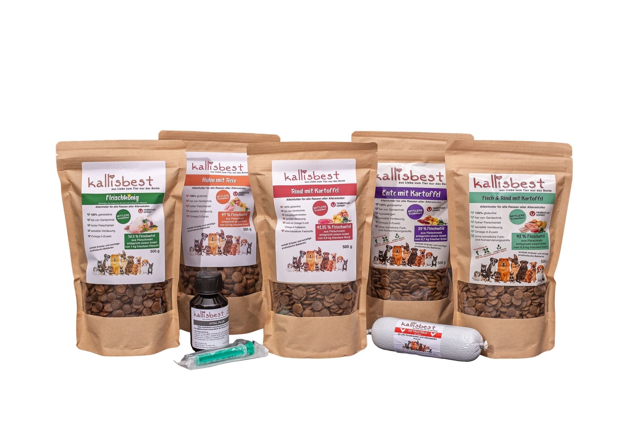 Probierpaket Hund 4 + 1 Gratis Beutel jeweils 500g & Probe Vital Plus + 200g Tolle Rolle - Kallisbest