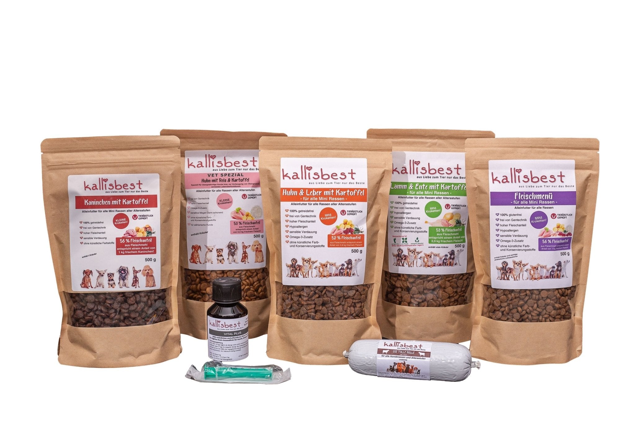 Probierpaket Hund kleine Rassen 3 + 1 Gratis Beutel jeweils 500g & Probe Vital Plus + 200g Tolle Rolle - Kallisbest