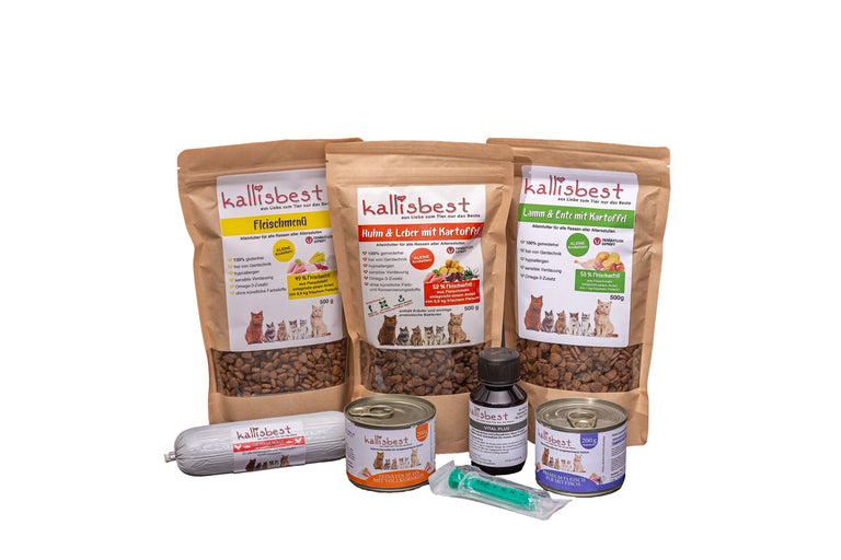 Probierpaket für Katzen plus gratis Beutel, & 1 x Tolle Rolle 200 g  für die Katze und Probe Vital Plus Lebenselixier