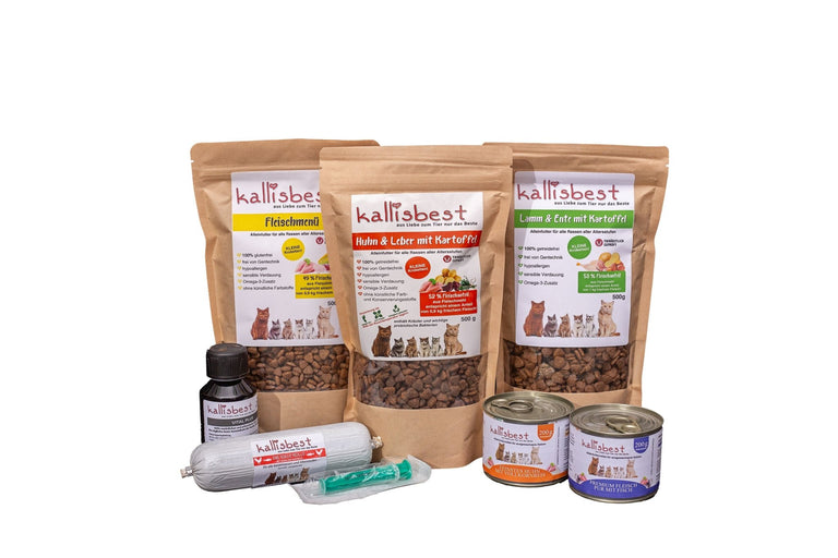 Probierpaket für Katzen Trockenfutter, Nassfutter & Leckerli + 200g Tolle Rolle & Probe Vital Plus Lebenselixier
