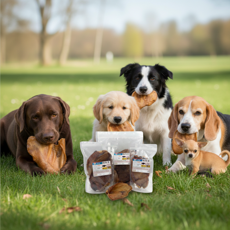 Schweineohren Verpackung + Hunde